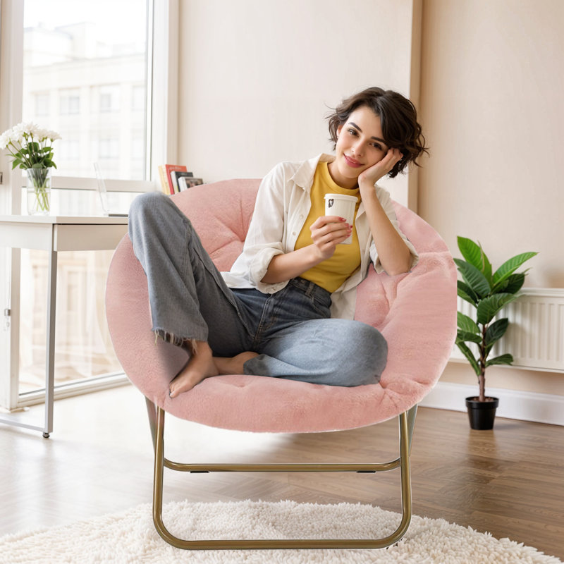 Upholstered Folding Saucer Chairs, Soft Accent Chair, Portable Moon Chair for Bedroom, Apartments, Pink Faux Fur