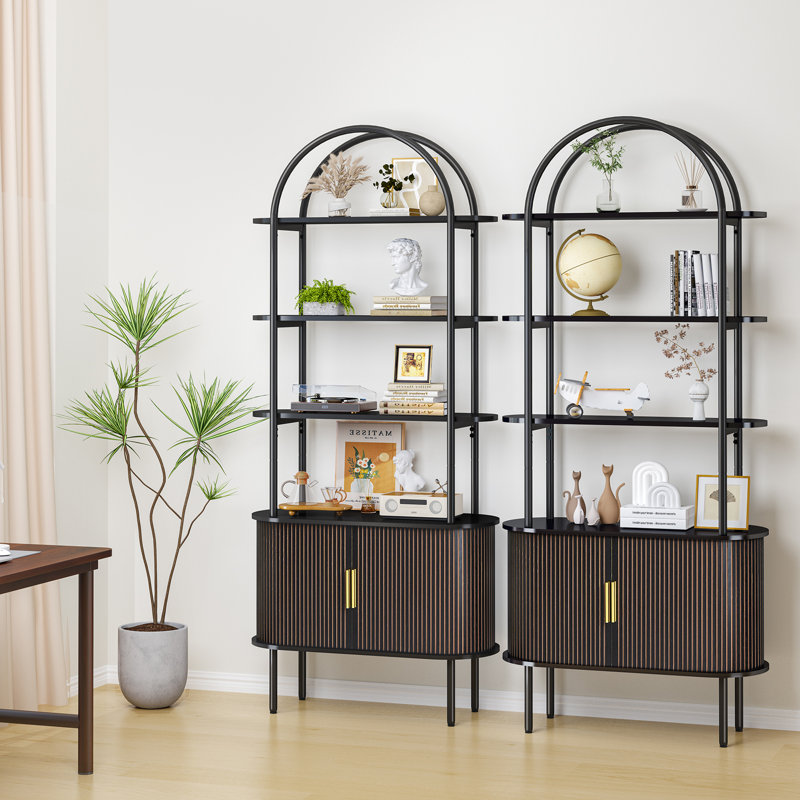Arched Etagere Bookcase with Cabinet, Black