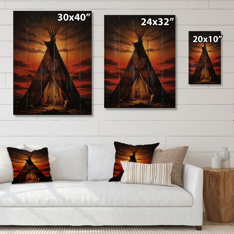 Tipi orange orange embrassant la tradition III sur bois, H 32 po x l 24 po x P 0,78 po