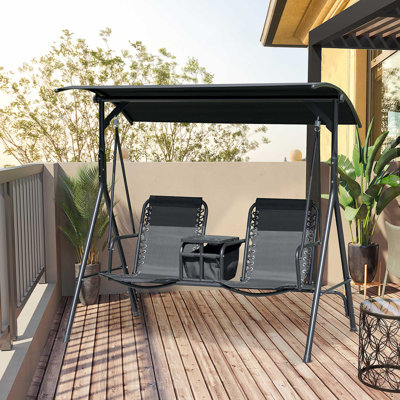 2-Seat Patio Swing Chair With Canopy, Pivot Storage, Cup Holders, Adjustable Shade, And Weather-Resistant Steel Frame For Outdoor Relaxation