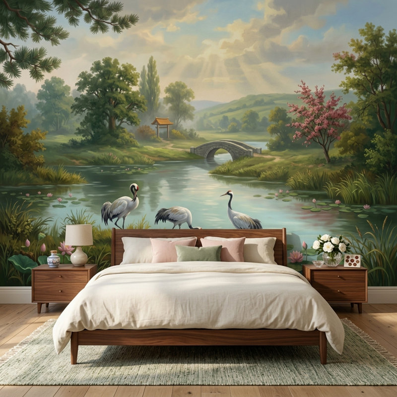 Papier peint paysage de pont en pierre amovible Tranquil, 140 po x 108 po, Peler et coller