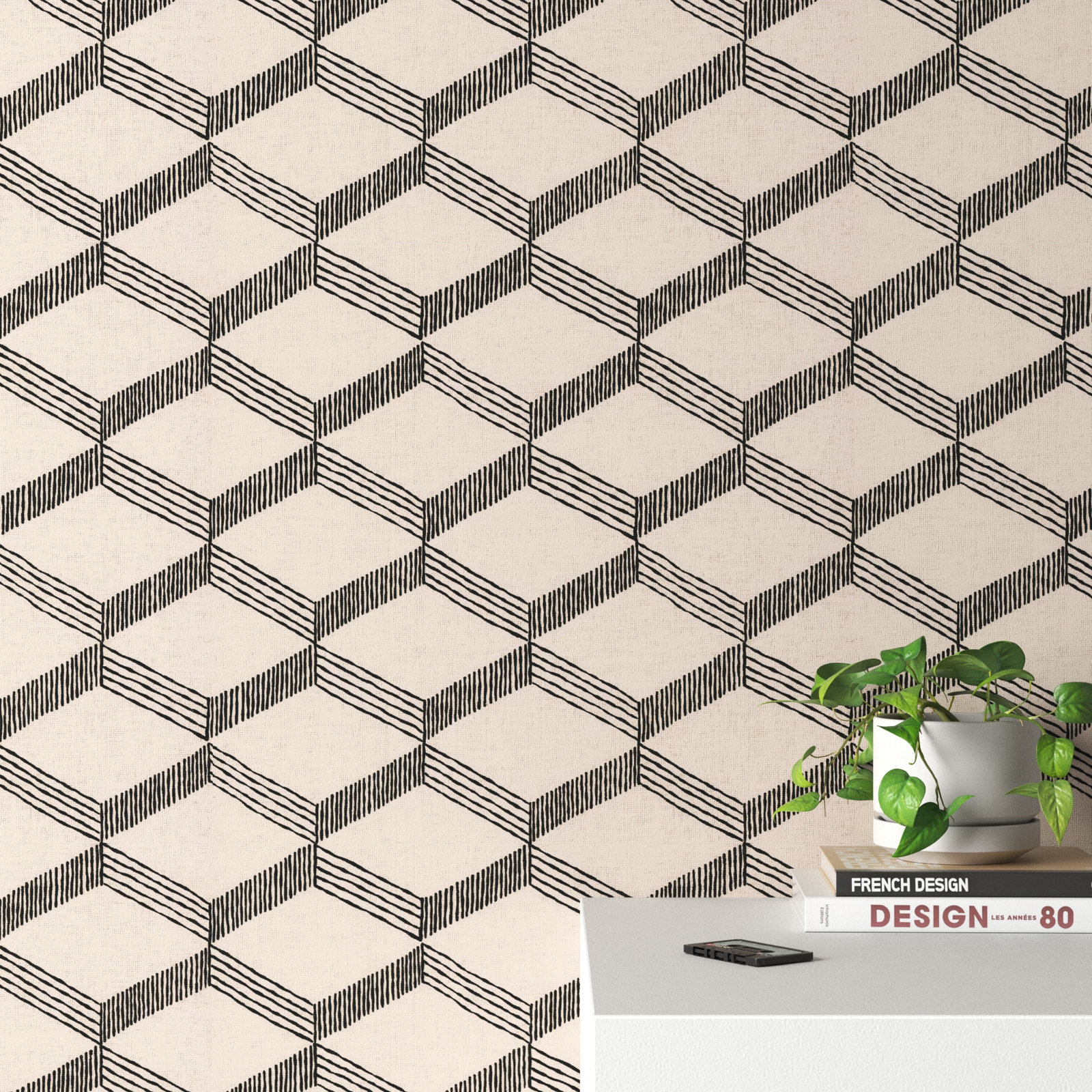 Aislin Mid-Century Geometric Wallpaper, Beige/Black