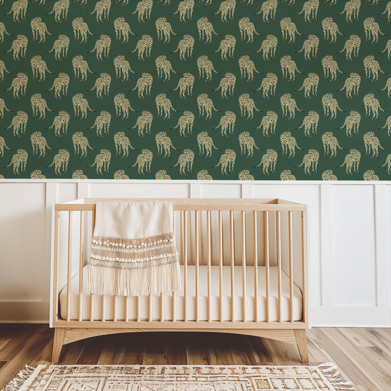 Prowling Cheetah - Wallpaper, Non-Pasted, Faux Grasscloth, Green