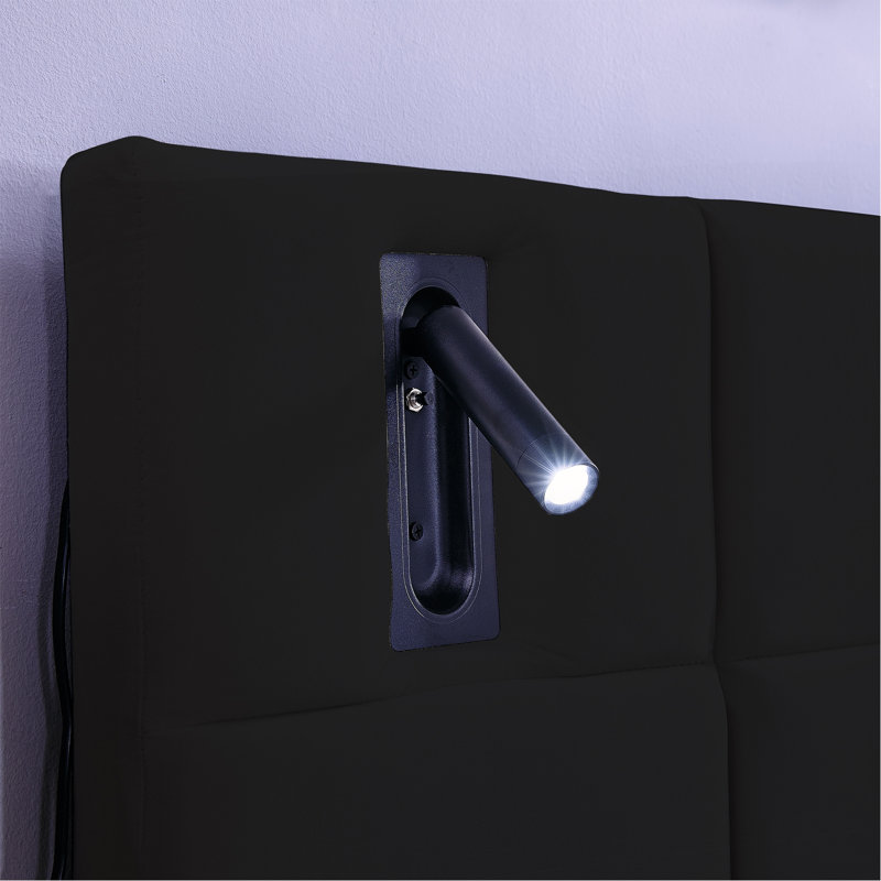Très grand lit plateforme tapissier hydraulique en velours avec 2 tablettes, 2 lampes de lecture et un port USB