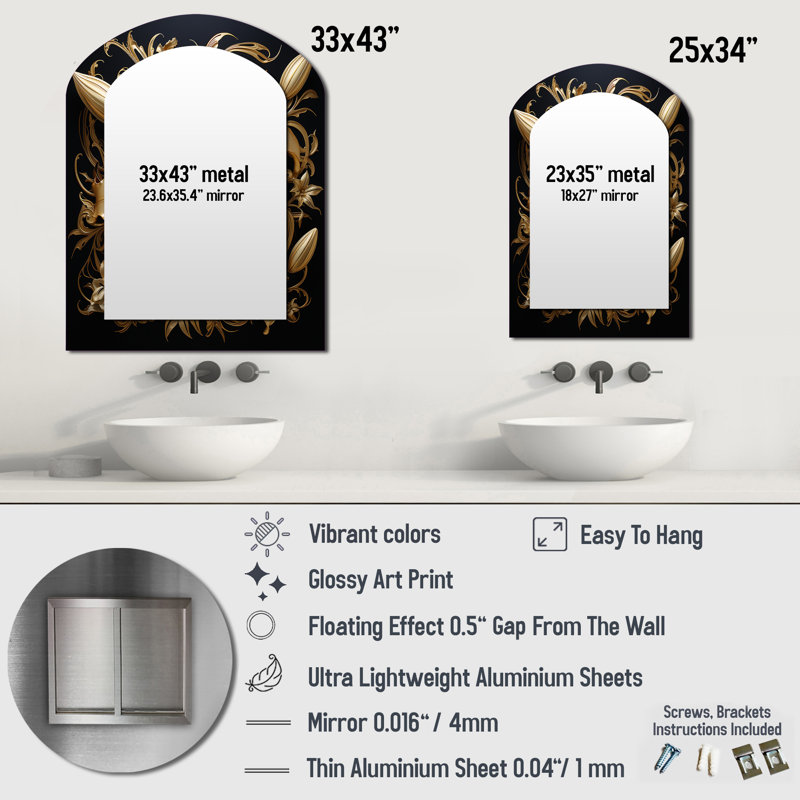Golden Lily Flower Glam On Black - miroir décoratif asymétrique Lily, 34 po x 25 po