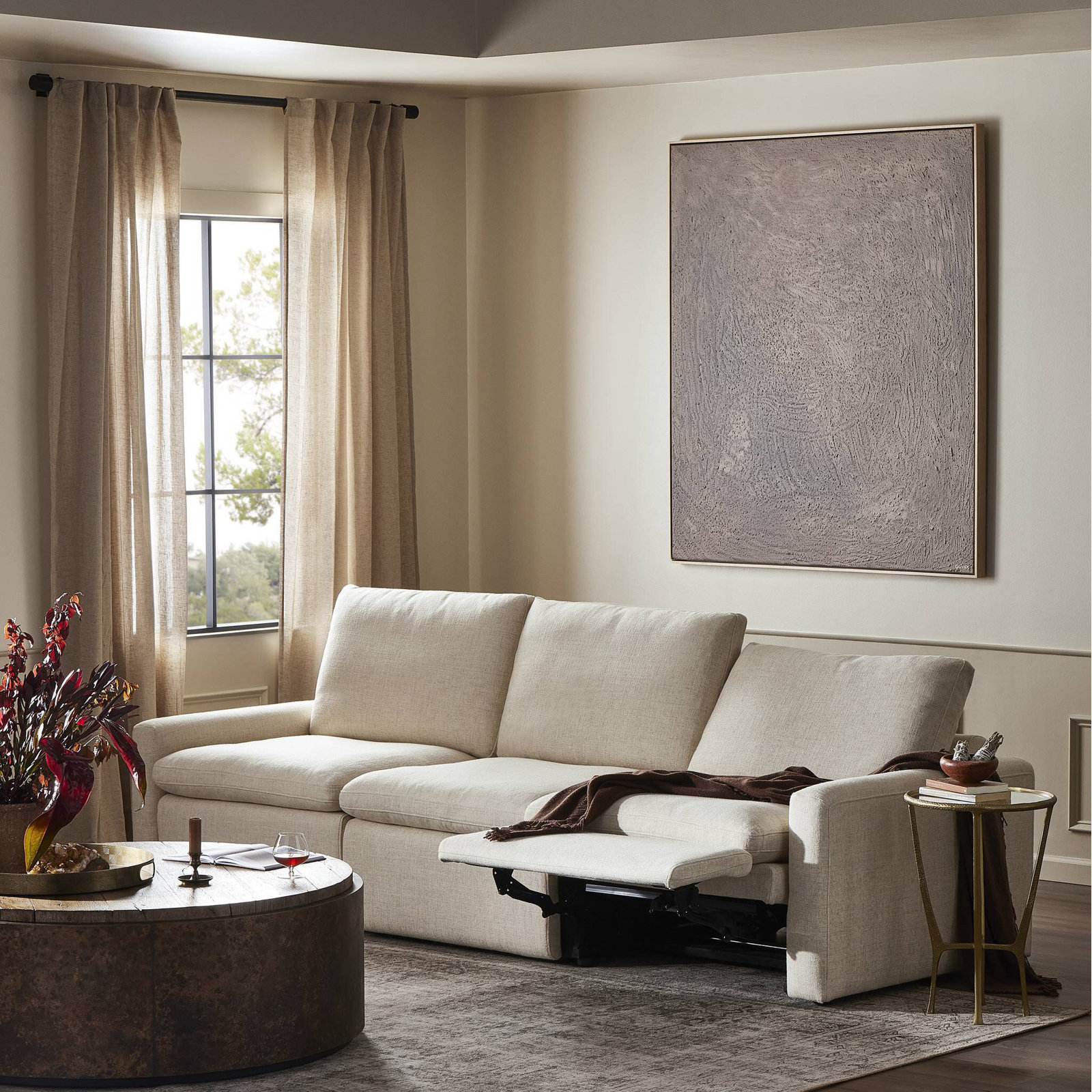 Downing 111" Genuine Leather Reclining Sofa, Antigo Natural Performance Weave