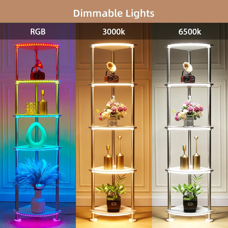 Adjustable Height LED Floor Lamp With Shelves, Music Sync RGB Lighting, Wireless Charging, Dimmable & Timer Function, App & Alexa Control, Perfect For Home & Office Decor