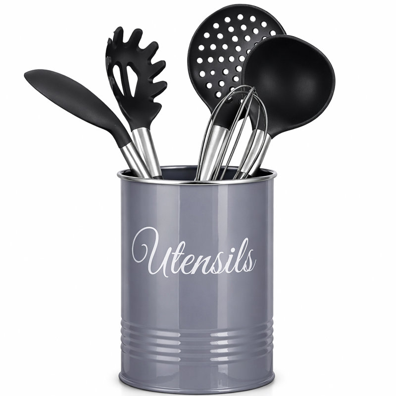 Metal Round Utensil Crock, Grey