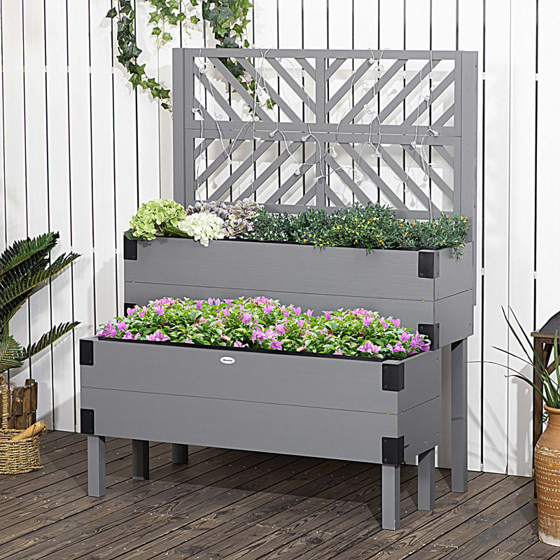 Raised Garden Bed with Trellis, 2 Tier Wooden Elevated Planter Box with Legs and Metal Corners, for Vegetables, Flowers, Gray