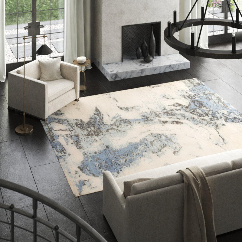 Hand-Knotted High-Quality Blue and Ivory Area Rug, Rectangle 2' x 3'