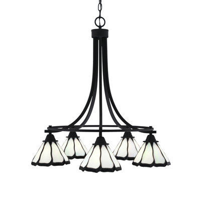 Paramount 5 Light Downlight Chandelier Shown In Matte Black Finish With 7" Pearl & Black Flair Art Glass