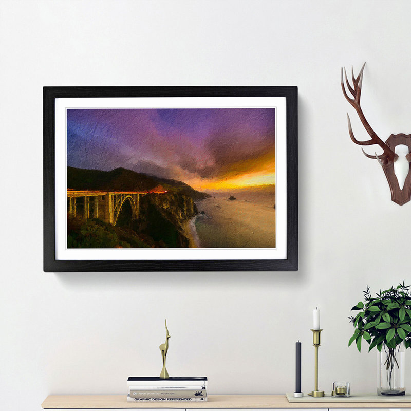 Bixby Bridge in California - Picture Frame Painting Print, 27cm H x 36cm W x 2cm D, Black Framed