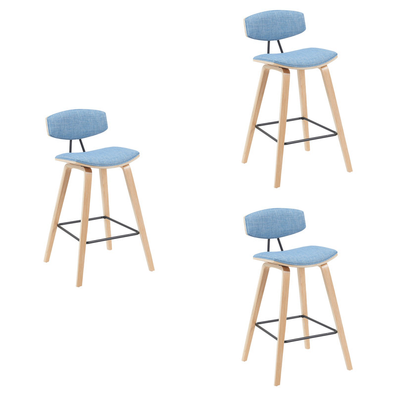 Tabouret de bar ou de comptoir moderne Bilgin Payton avec assise rembourrée et structure en bois, Chêne, Bleu clair, 3