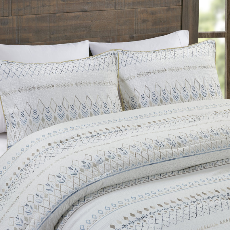 Fraser 5 Piece Printed Seersucker Comforter Set with Throw Pillows, Full/Queen Comforter + 4 Additional Pieces, Taupe/Blue
