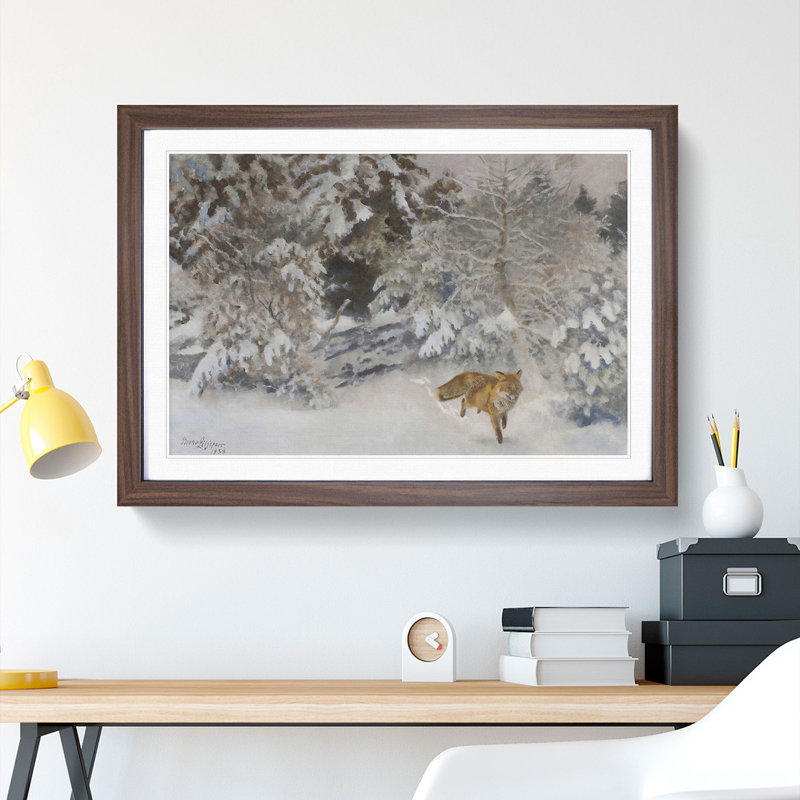 Fox in the Snow Vol.7 by Bruno Liljefors - Picture Frame Painting, 27cm H x 36cm W x 2cm D, Walnut Framed