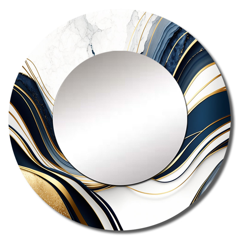 Pratibha abstrait géométrique vagues bleues et dorées III - grand miroir abstrait, miroir mural décoratif moderne, art imprimé en métal