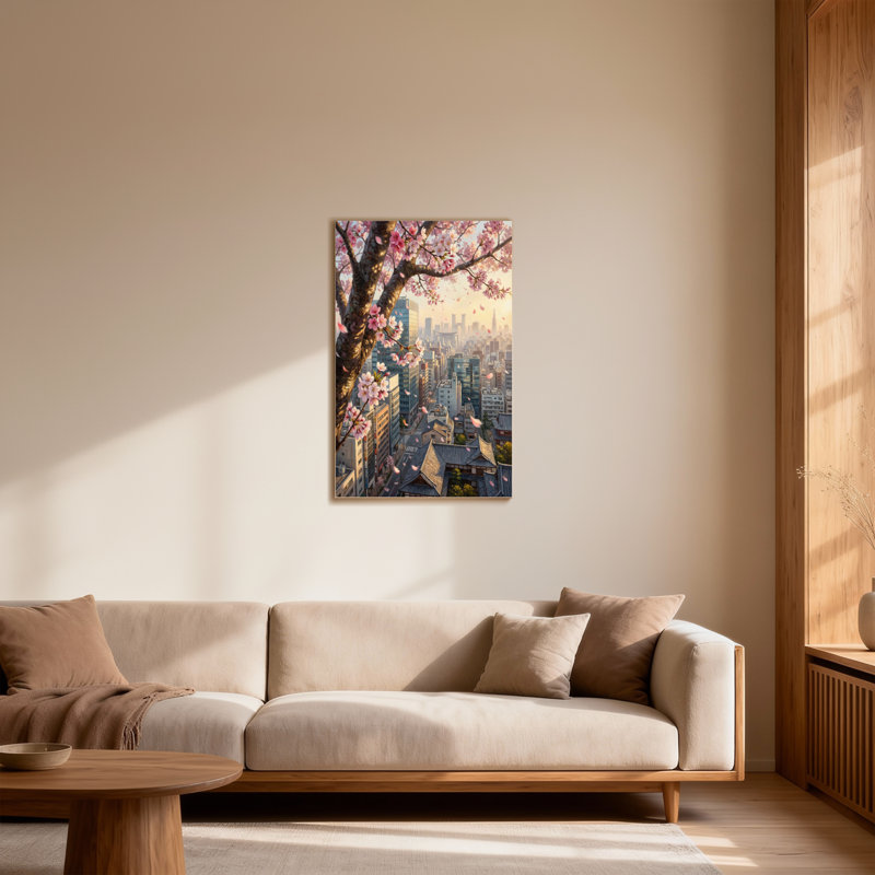 Plantes et fleurs, paysage de cerisiers en fleurs avec toit traditionnel, H 40 po x l 28 po