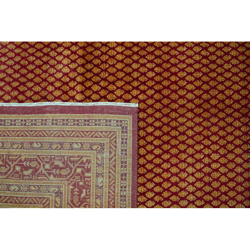 Tapis doré et rouge noué à la main de haute qualité, Rectangle 6 pi 7 po x 9 pi 7 po
