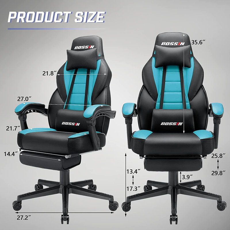 BOSSIN Gaming Chairs with Footrest, Ergonomic Computer Game Chairs with Lumbar Support, Blue/Black
