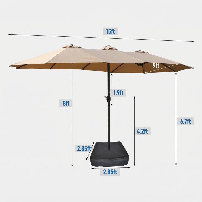 Grand parasol de marché rectangulaire pour l'extérieur de 15 pi x 9 pi avec double côtés, éclairage intégré et base incluse (couleur taupe)
