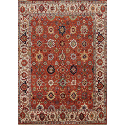 Tapis rouge / beige en laine noué à la main de conception unique 9 pi 9 po x 13 pi 4 po Indo Heriz Serapi