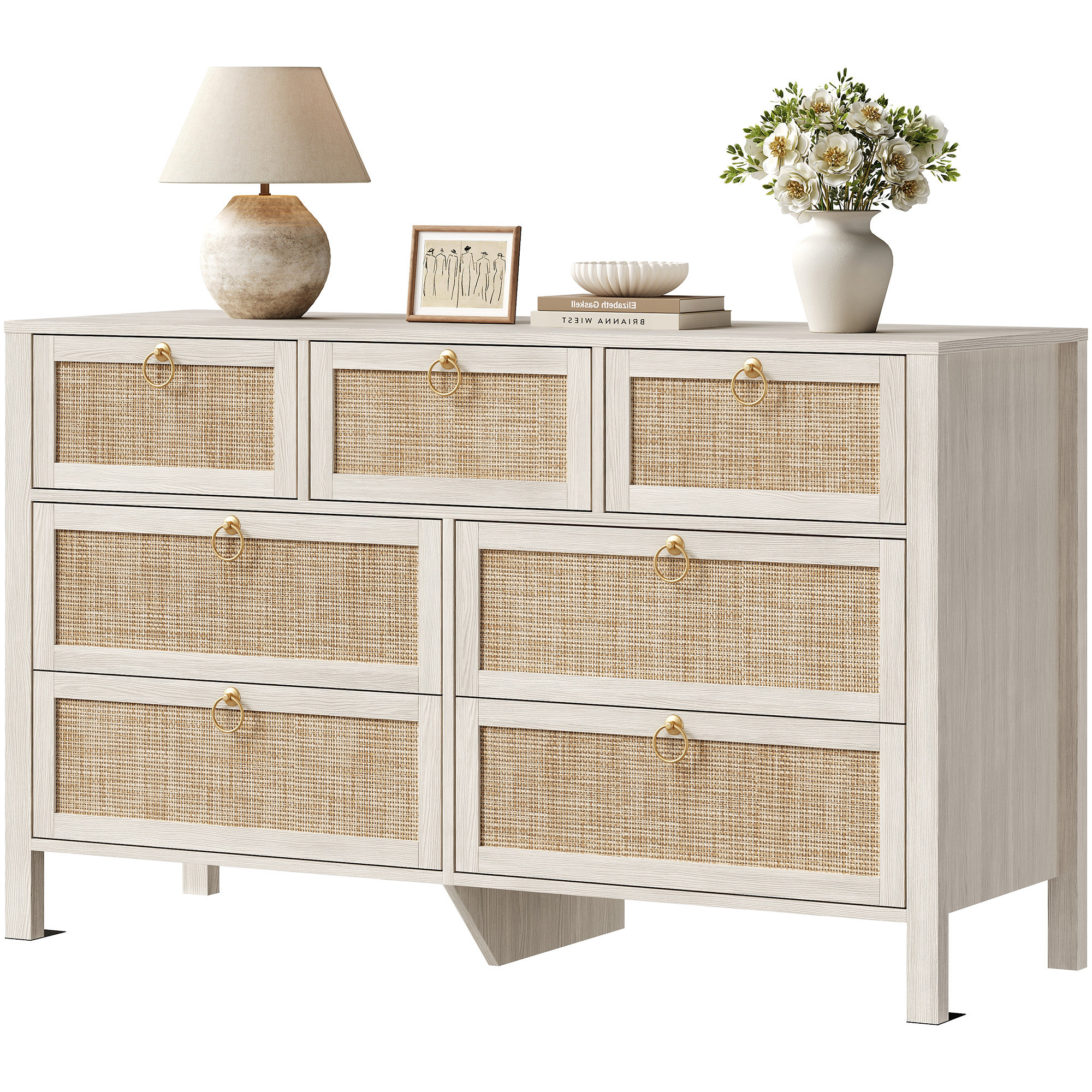 Pomodoro 51" W Rattan 7-Drawer Dresser With Golden Handles, Coastal Boho Bedroom Storage Chest