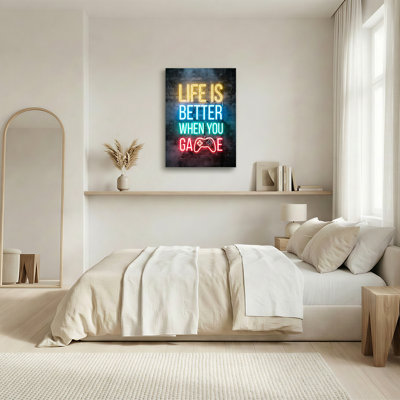 Multi Color Neon Sign Life Is Better When You Game On Brick Canvas Wall Art