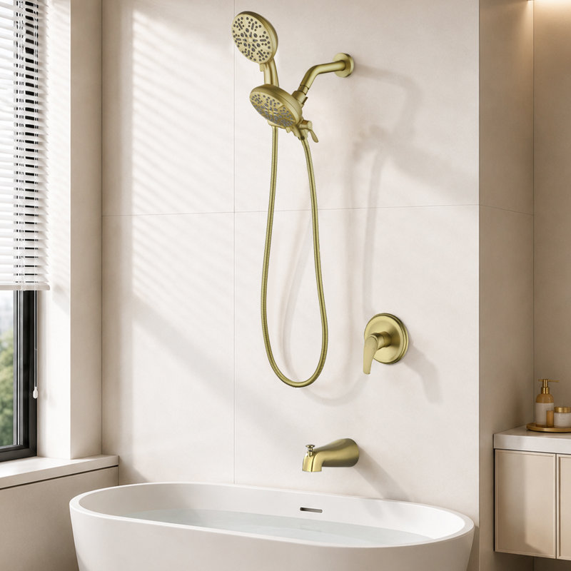 Système de pomme de douche double tout-en-un 49-réglage 2-en-1 avec douchette à main, pomme de pluie 8 ", soupape brute en laiton à pression équilibrée, inverseur à 3 voies et bec de baignoire