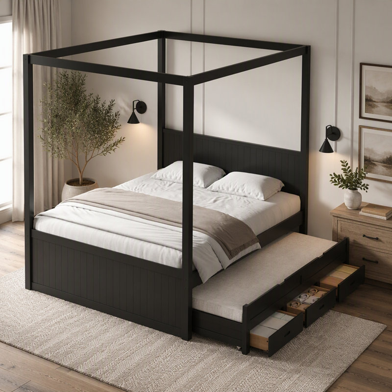 Lit plateforme à baldaquin en bois avec lit gigogne simple et 3 tiroirs, Double, Noir