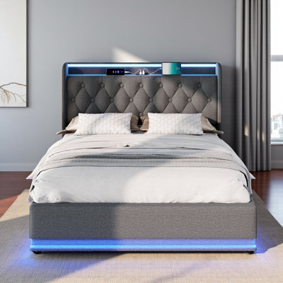 Upholstered 4Ft6 Ottoman Bed Frame With 360 Surround Led Function With Charging Function Hydraulic Storage Bed Frame With Large Storage Space  (No Mattress)