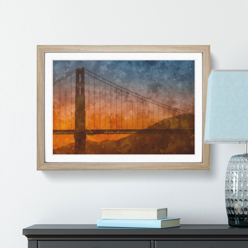 Sunset over Golden Gate Bridge - Picture Frame Painting Print, 45cm H x 63cm W x 2cm D, Oak Framed