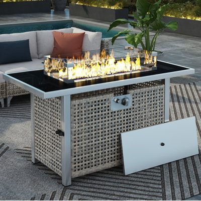 Table de foyer d'extérieur au gaz propane K&K de 43 po, foyer d'extérieur rectangulaire en osier à tissage ouvert de 60000 BTU avec pare-vent en verre pour l'extérieur de la terrasse - gris