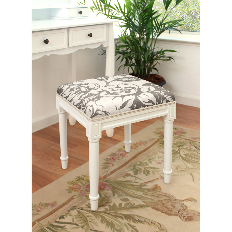Tabouret de coiffeuse en lin gris avec pivoine grise, Blanc, gris