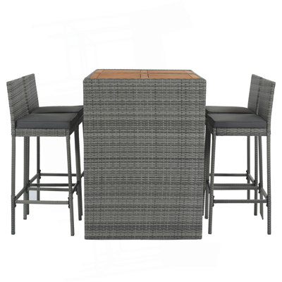 Ensemble de bar pour l'extérieur en osier 5 pièces, chaises de bar avec pieds antidérapants et corde fixe GO, coussin amovible, plateau de table en bois d'acacia, bois brun et osier gris