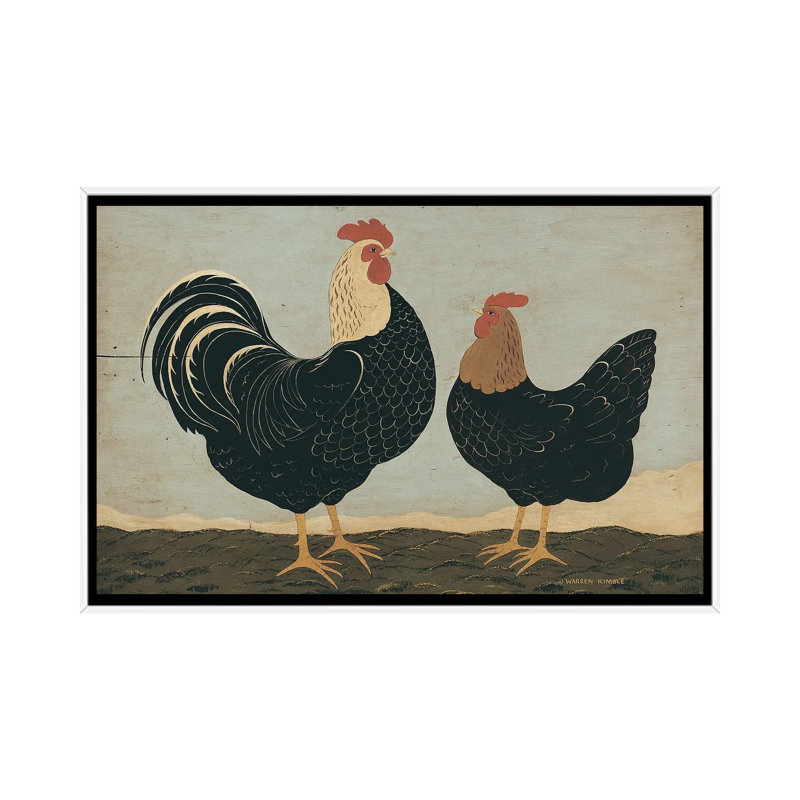 Double coqs - reproduction d'art murale encadrée, H 18 po x l 26 po, Reproduction encadrée sans passe-partout, Blanc