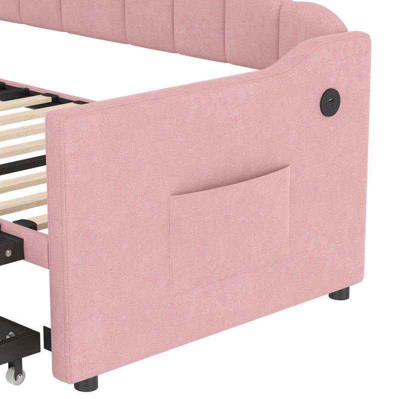 Upholstered Twin Size Daybed With Adjustable Height Pop Up Trundle Twin Bed And USB & Type-C Charging Port, Day Bed Frame With 2 Side Pockets, No Box-Spring Needed, Pink