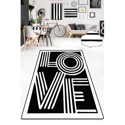 Premium Hall Carpet, 4.9 x 6.6 Feet, Black & White, 100% Polyester | Antibacterial, Non-Slip Underside, Machine Washable at 86°F | Total Thickness: 0.4 Inches, Felt Dot Base | Ideal for Living Room & Entryways