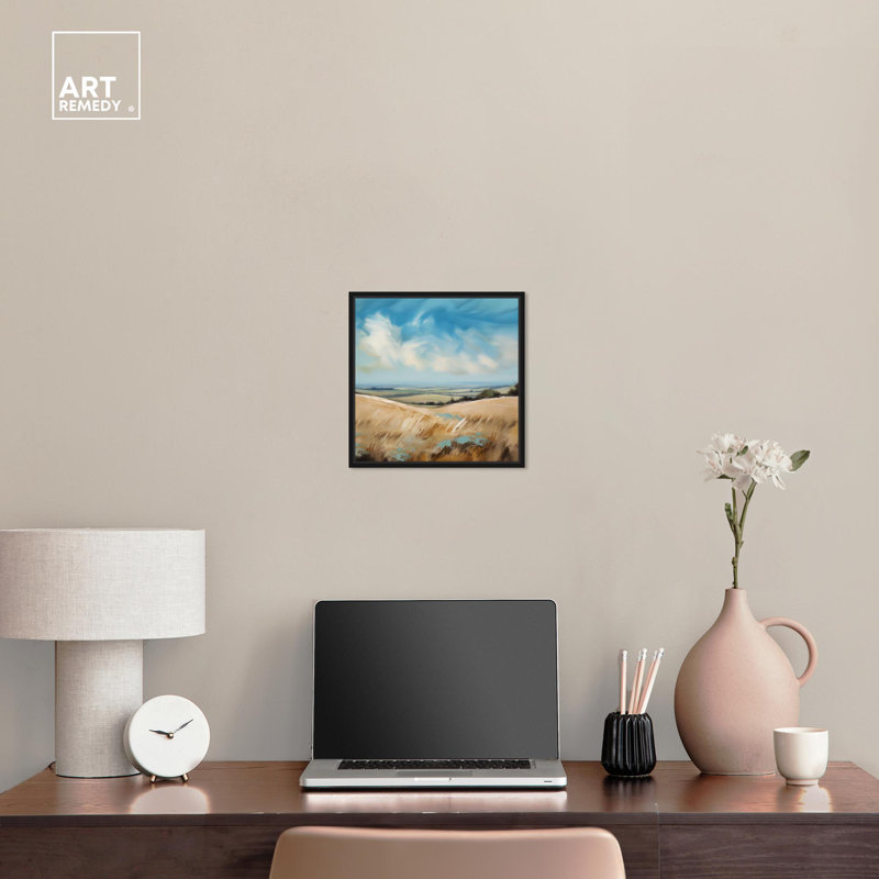 Handcrafted Beige and Blue Abstract Canvas Art with Black Frame