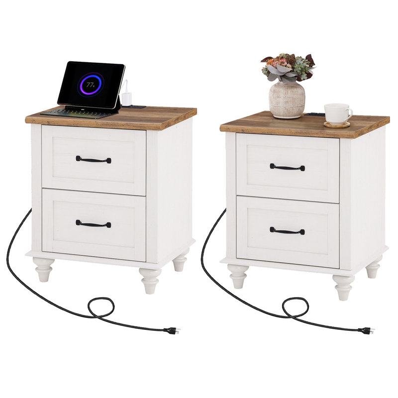Ensemble de tables de bout à 2 tiroirs et prises intégrées Yujin de 23,6 po de hauteur, Dessus en noyer / base blanche