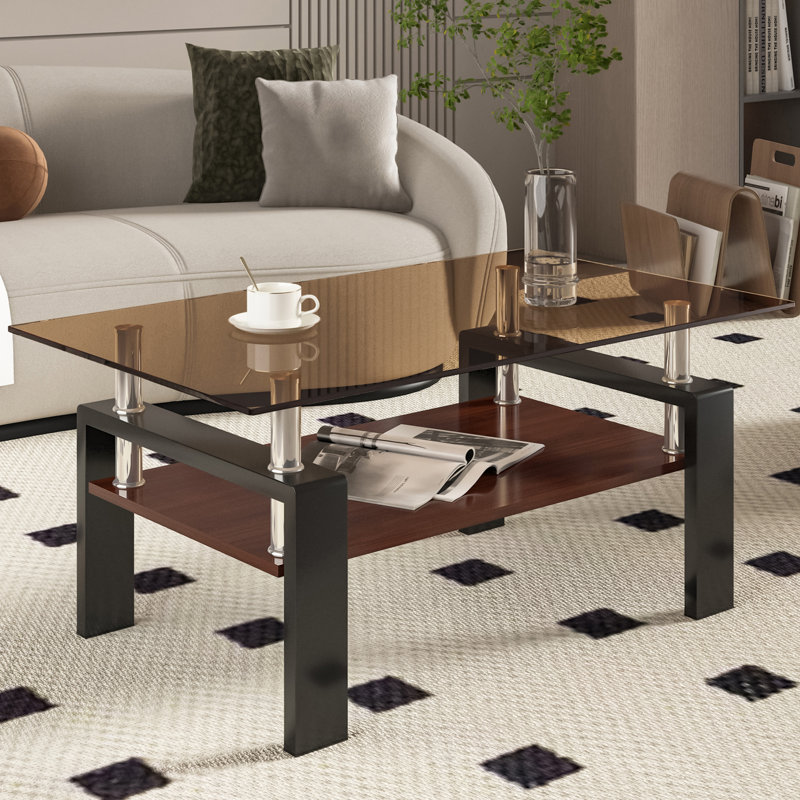 Glass Top Wood Coffee Table With Shelf, Brown, Black, 17.7" H x 39.37" L x 23.62" W