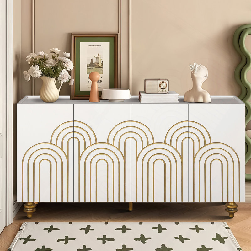 Modern Fluted Sideboard Buffet With Storage, Curve Element With Strict Lines, 4 Doors Storage Cabinet With Adjustable Shelves For Kitchen, Dining Room, Living Room