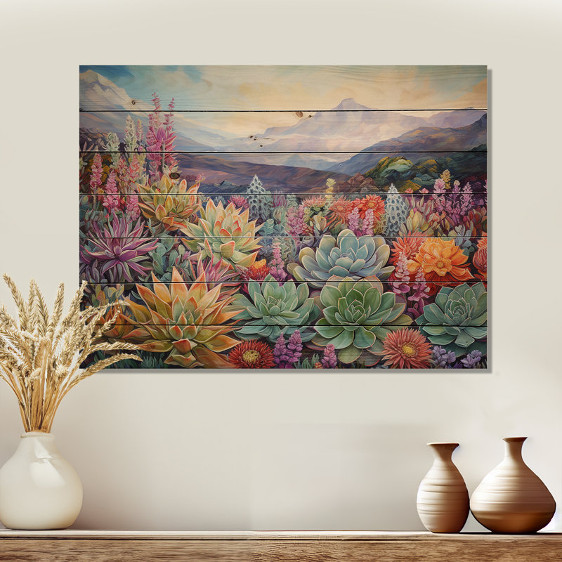 «Green Succulent Desert Charm I», art mural en bois sur bois de pin naturel, H 10 po x l 20 po
