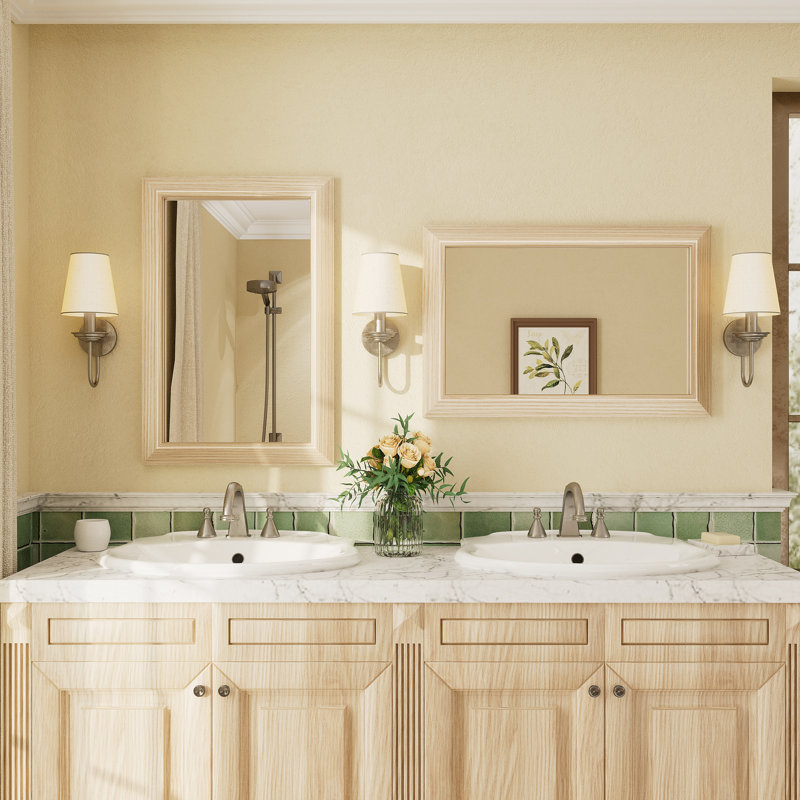 Amara Tempered Glass Mounted Wall Mirror, 24" x 16", Light Yellow Wood