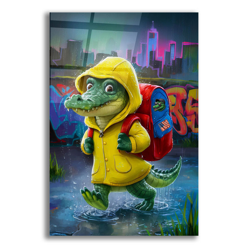 Art mural en verre épique «Baby Croc Going To School» par Andreas Magnusson, H 16 po x l 12 po x P 0,13 po