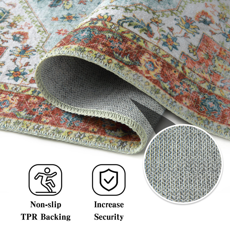 Tapis floral floral en polyester rouille / bleu sarcelle terne, Rectangle 6 pi x 9 pi