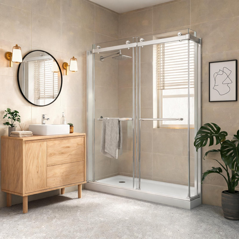 Porte de douche coulissante double en verre trempé nickel brossé de 109 à 122 cm avec pellicule nano anti-explosion