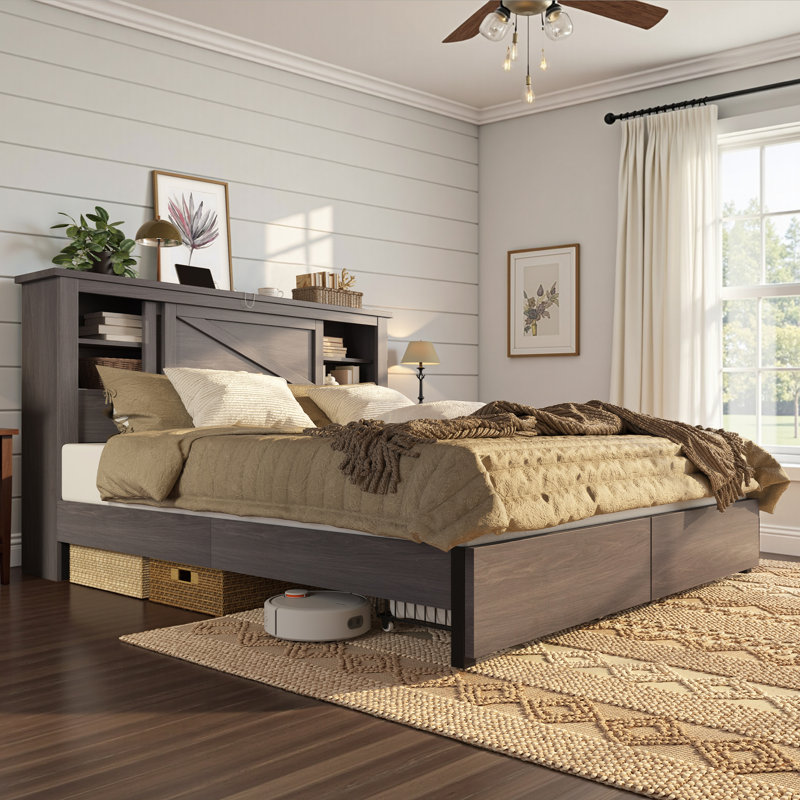 47.2"H Farmhouse Queen Size Bed with 2 Drawers & Bookcase Headboard, White, White, Queen