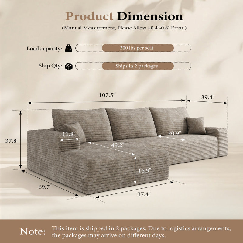 Canapé modulaire 108 po pour salon modulaire en L en tissu de velours côtelé désossé avec méridienne, Chameau