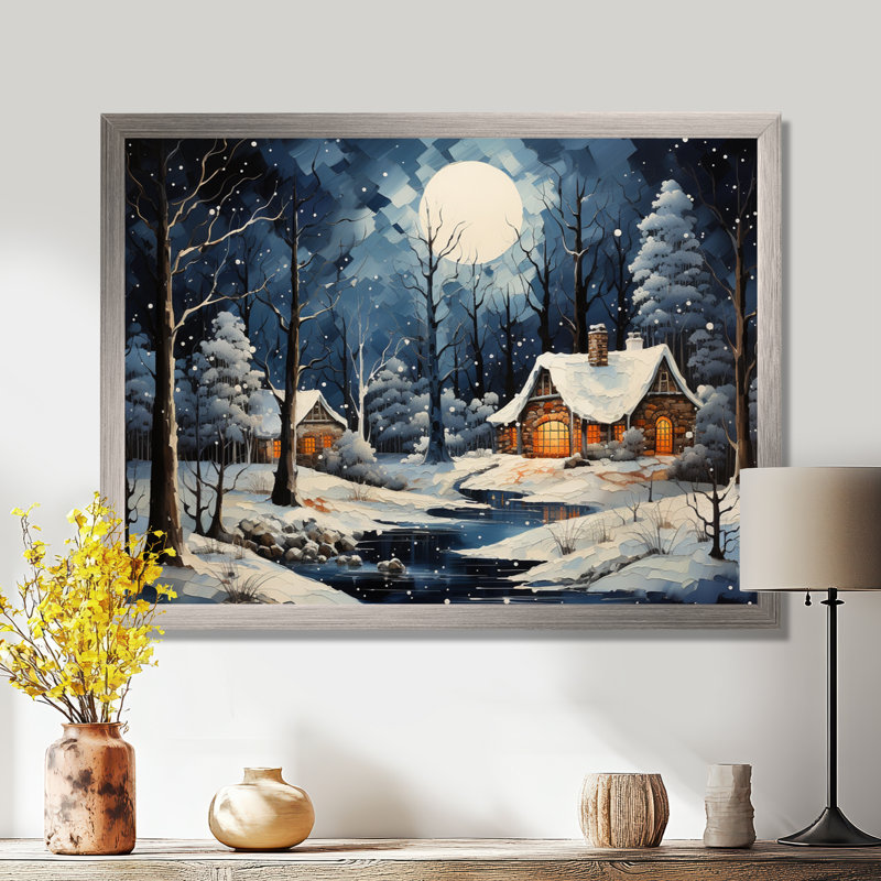 Paysage d'hiver de Noël II - Art mural paysage d'hiver pour le salon, H 16 po x l 32 po x P 1 po, Cadre de coin argenté fermé