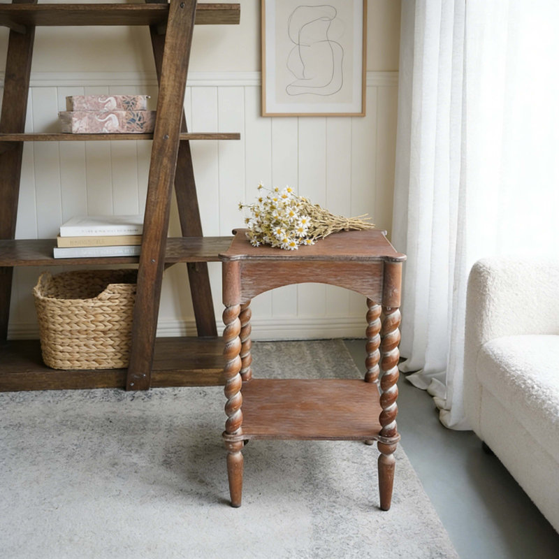 Vintage Solid Wood Spindle Accent Table - Rustic Side Table With Lower Shelf